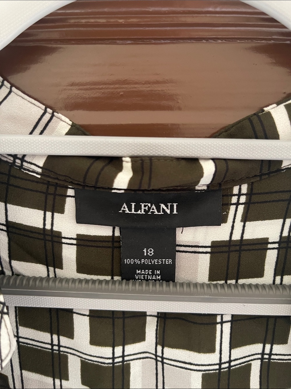 Alfani Olive Green and White Plaid Draped Blouse - Picture 2 of 4